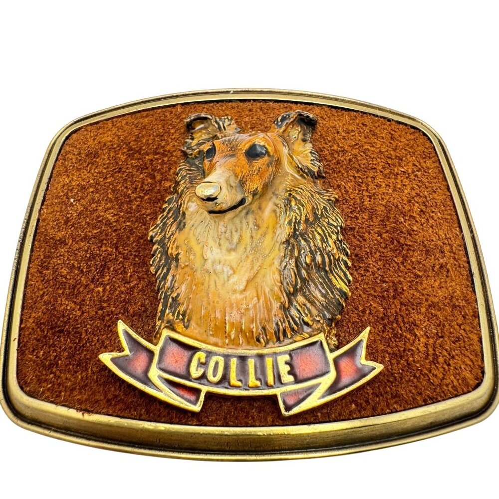 Raintree 1979 Collie Dog Belt Buckle Metal & Faux Leather Design Vintage